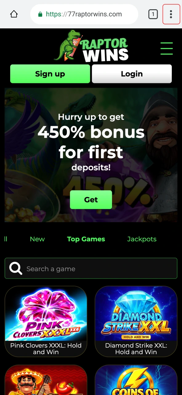 Open your browser options to install Raptor Wins easily.