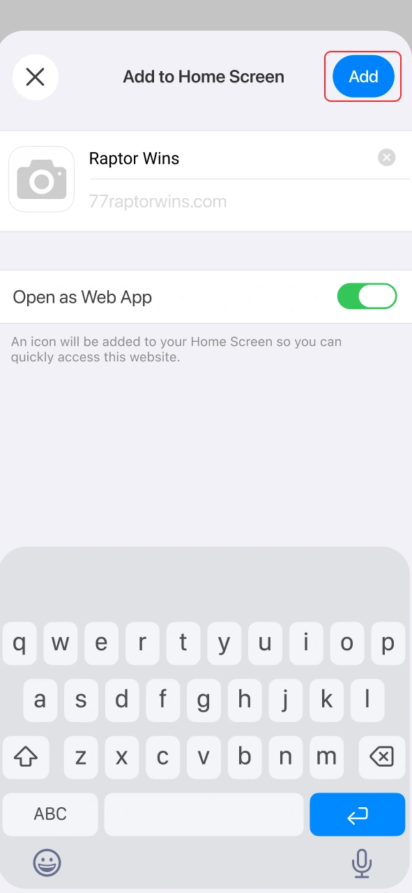 Tap Add to finish installing the Raptor Wins app on iOS.
